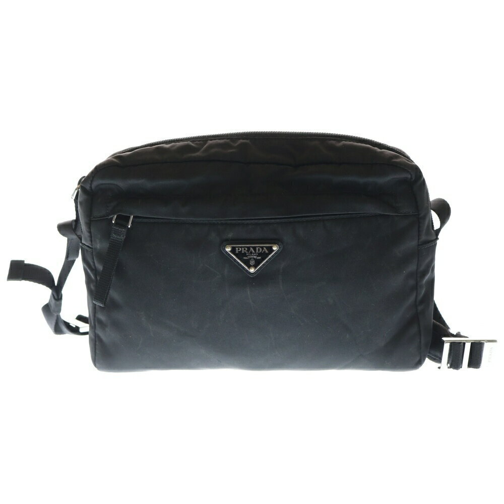 PRADA Triangle Logo Plate One Shoulder Hobo Bag Black